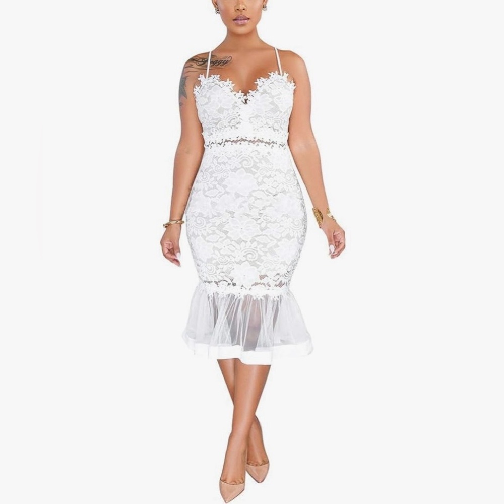 SALIMDY white dress floral mesh pencil midi Medium - Picture 1 of 8